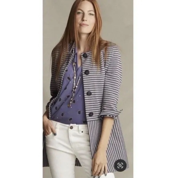 Cabi #5474 Dappled Striped Collarless Car Coat Navy Grey Sz‎ small - Picture 1 of 16